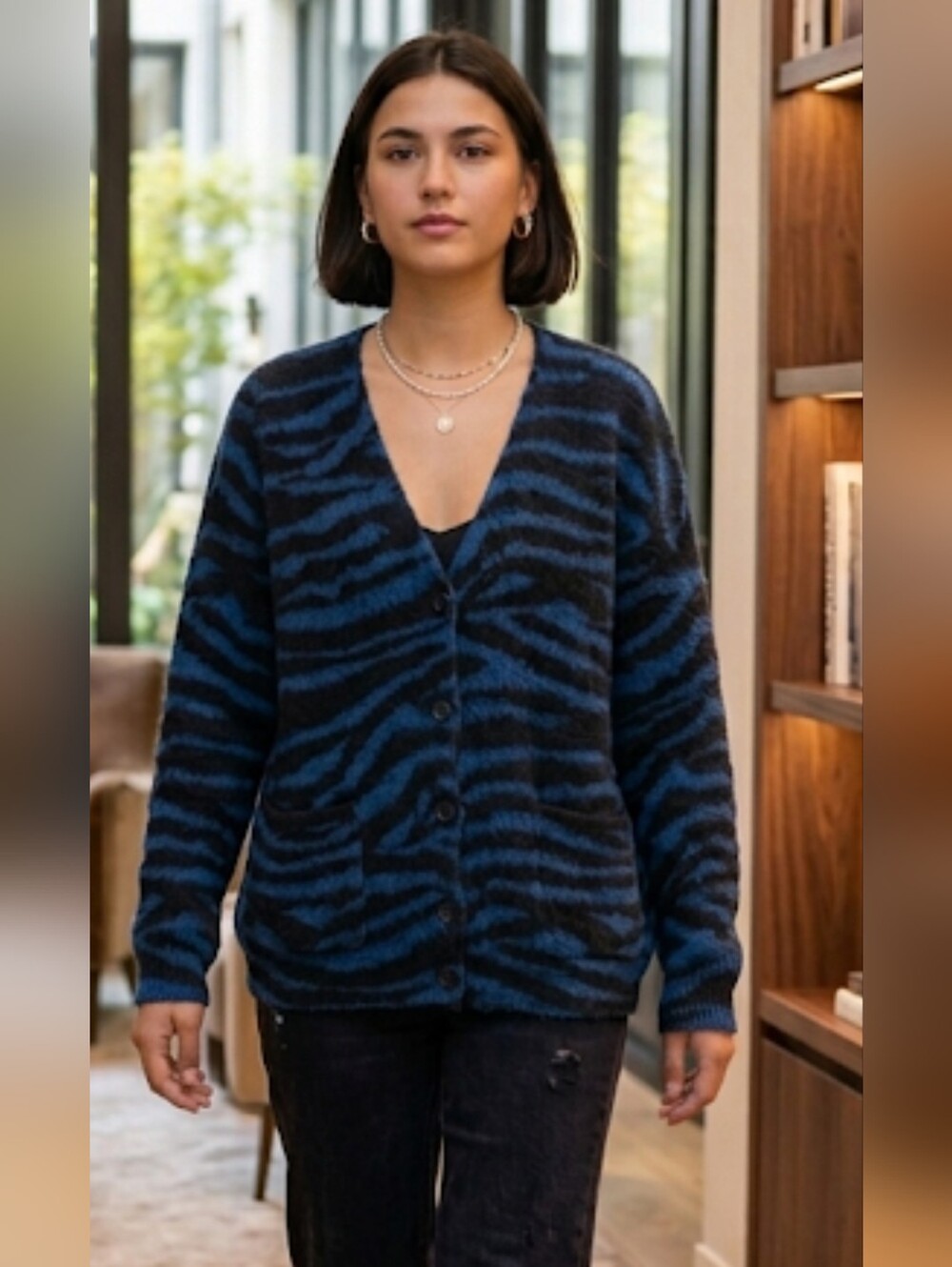 H&M Blue and Black Striped Knit Cardigan